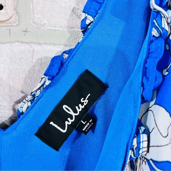 Lulu's NWT Sun Salutation Royal Blue Floral Print Ruffled Wrap Maxi Dress Size L - Picture 10 of 12